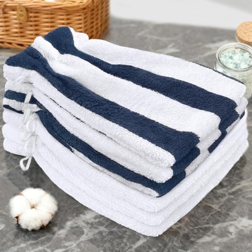 VOOVA & MOVAS Bath Mitts for Shower, 6-Pack, 8.3x6.3 Inch, 100% Cotton Soft Absorbent Wash Cloths with Hanging Loop, European Style Body & Bath Wash Mitts, Pink Stripe & White - color: Navy Stripe&white