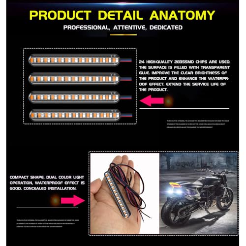 2PCS Universal LED Strip Motorcycle Tail Light Turn Signals Flowing Sequential,24 LED Flexible Brake Stop License Plate Lights Waterproof for Motorcycle Bike ATV Car RV SUV (RED+YELLOW) - color: RED+YELLOW
