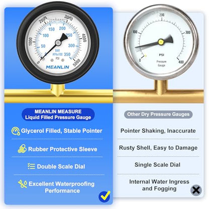 MEANLIN MEASURE 0~5000Psi Stainless Steel 1/4" NPT 2.5" FACE DIAL Liquid Filled Pressure Gauge WOG Water Oil Air Center Back Mount(with Rubber Protective Sleeve) - size: 0-5000Psi