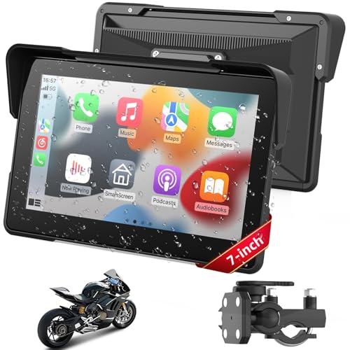 7 Inch Wireless Motorcycle CarPlay &Android Auto, Waterproof Smart GPS Navigation System, Portable Moto Car Play Screen with Dual Bluetooth, Voice Control, Navigation, Siri/G-Assist, Anti-Glare - size: 7 inch