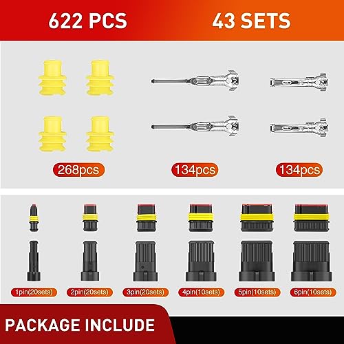 Nilight 622PCS 1 2 3 4 5 6 Pin Electrical Connector ‎Plug Male Female Terminal Wire Connectors Waterproof Quick Connect Set for Car Truck Motorcycle Marine Boat 43 Sets - size: 1-6Pin Connector 622Pcs