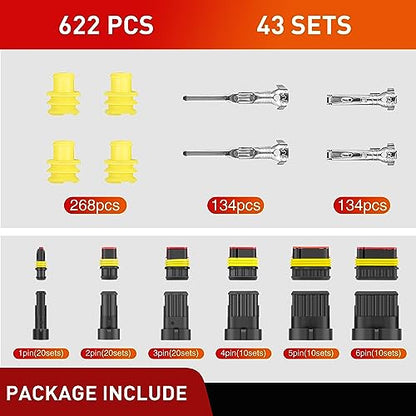 Nilight 622PCS 1 2 3 4 5 6 Pin Electrical Connector ‎Plug Male Female Terminal Wire Connectors Waterproof Quick Connect Set for Car Truck Motorcycle Marine Boat 43 Sets - size: 1-6Pin Connector 622Pcs