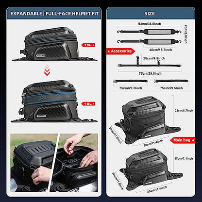 Rhinowalk Motorcycle Tank Bag Waterproof Backpack Hard-shell Expandable Rhinowalk Motorcycle Bags 15-18L Carbon Fiber Black - color: Fiber Black