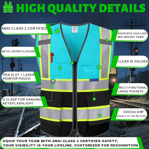 BeautyWill Personalized Team Vest: Class 2 Hi-Vis Safety Vest for Men | Custom Logo & 5 Reflective Pockets - color: 003-blueblack-mesh-1pcs, size: XX-Large