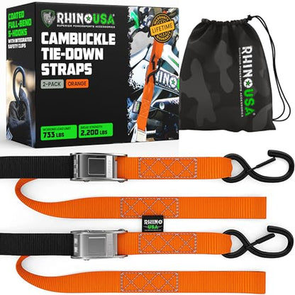 Rhino USA Motorcycle Tie Down Straps (2 Pack) Lab Inspected 2,200lb Break Strength, Steel Cambuckle Tiedown Set with Integrated Soft Loops - Better Than a Ratchet Strap (Orange 2-Pack) - color: Orange 2-Pack