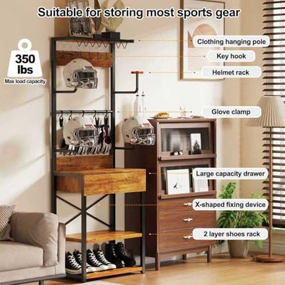 Motorcycle Helmet Holder Floor Standing, 72"x24"x14" | Large Capacity Motorcycle Helmet Storage Rack with Drawer, For Sports Helmets & Boots Clothing Cyclinge Gear Kit - size: 72"Hx24"Lx14"W