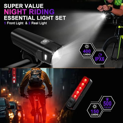 400LM USB Rechargeable Bike Light Set, Front Headlight & Rear Taillight, 5 Lighting Modes, Waterproof Safety Cycling Lights for Road Mountain Bikes, Bike Lighting Parts & Accessories
