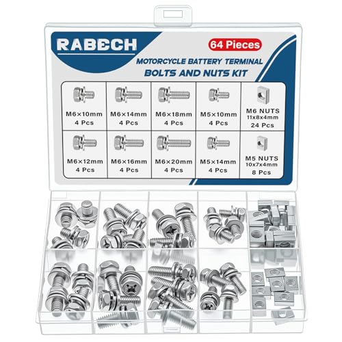 8Sizes Motorcycle Battery Bolts and Nuts Kit 304 Stainless Steel Battery Terminal Bolt Screws M6x10/12/14/16/18/20 M5x10/14 MM with Square Nut for ATV Bike Scooter