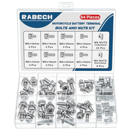 8Sizes Motorcycle Battery Bolts and Nuts Kit 304 Stainless Steel Battery Terminal Bolt Screws M6x10/12/14/16/18/20 M5x10/14 MM with Square Nut for ATV Bike Scooter