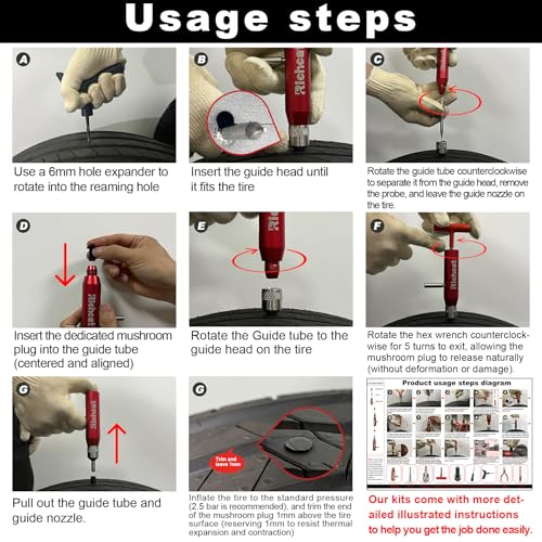 Richcat Tubeless Tire Puncture Repair Kit with Mushroom Plug, Repairs punctures and Flat Tires for Motorcycles, Cars, Trucks, ATVs and Tractors - size: 30Plugs Kit