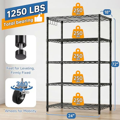 Wire Storage Shelves with Wheels: 5 Tier Adjustable Metal Shelving Unit, Heavy Duty Bakers Rack with Hooks, Rolling Pantry Shelf Organizer for Closet, Kitchen, Laundry, 24" W x 18" D x 75" H - size: 24"W x 18"D x 75"H