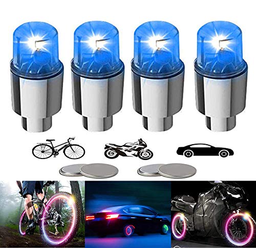 4 Pieces LED Bike Wheel Lights Car Tire Valve Stems Caps Bicycle Motorcycle Waterproof Tyre Spoke Flash Lights Cool Reflector Accessories for Kids Men Women(Blue) - color: Blue