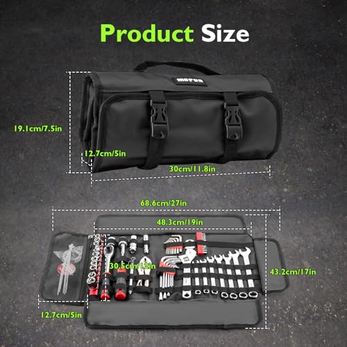 Mofun 64-Piece Motorcycle Tool Kit Universal with Roll Pouch Roadside Travel Wrenches, Ratchet Universal Compatible with Cars Fit Trucks Fit Motorcycles Fit Suzuki Dirt Bikes Fit BMW Fit ATVs, Black - color: Black