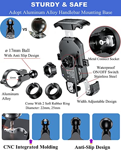 BRCOVAN Motorcycle Phone Mount Holder with Wireless & USB-C Charger | Qi 15W & PD 20W, 1s Locking Design Cellphone Clip with Aluminum Alloy Handlebar Mounting Base for 4'' - 7'' Smartphones
