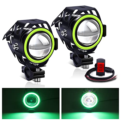 Motorcycle LED Fog Lights Driving Spotlight with Green Angel Eyes Halo Ring, Auxiliary Lights with Switch for Motorbike Dirtbike Scooter ATV UTV 2PCS - color: Green
