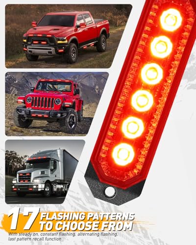 HLauto 406T Emergency Strobe Grille Lights: 4Pcs 6 LED Sync Feature Safety Warning Flashing Light, 12V-24V Ultra Slim Surface Mount Hazard Caution Light for Truck, Vehicle, Car, ATV, UTV (Red) - color: Red