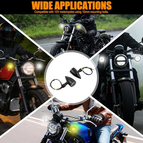 DREAMIZER Motorcycle Led Turn Signal Lights 2x, Bullet Blinker Motorcycle Front Turn Signal Light Compatible with Harley Honda Yamaha Kawasaki (Black/Yellow White Light) - color: B-Front/Black shell + yellow-white light