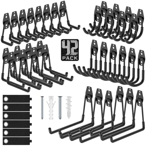 Heavy Duty Wall Mount Garage Hooks, 42-Pack | Hanging Storage for Bikes, Ladders, Hoses, Ropes, Garden Tools - For Warehouse, Workshop, Shed, Shop, Yard - color: 42 Pack Black