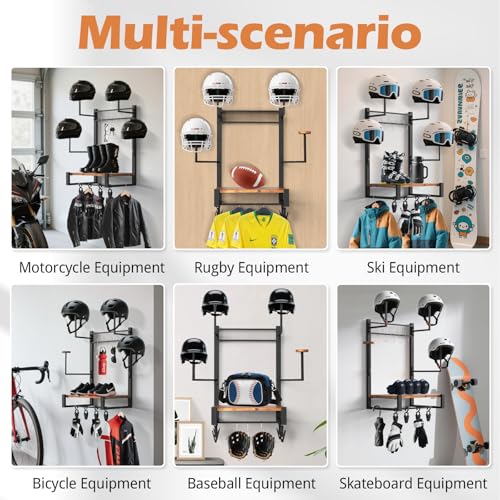 TheElves Motorcycle Helmet Holder Wall Mount, Heavy-Duty Helmet Rack with 4 Helmet Holder & 4 Glove Clips & 4 Hooks, Rustic Wooden Motorcycle Gear Storage Organizer for Helmets, Jackets, Accessories