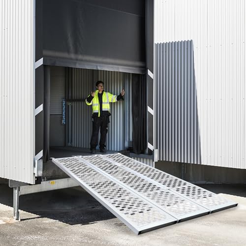 Aluminum Trailer Ramps, 1500lbs 77" x 54" Foldable Tri-Fold Ramp Heavy-Duty Anti-Slip Universal Loading Ramp w/Top Hook & 4 Safety Straps for Snowmobile Trucks Tractors UTVs ATVs, Lawnmowers - size: 77 x 54 Inch 1500LBS