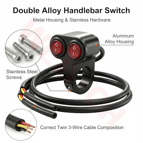 Universal Dual 7/8" 22mm Motorcycle Handlebar Switch, 12V Waterproof Handle Bar ON Off Toggle Switch with Red LED Indicator Light for Motorcycle ATV Dirt Bike Scooter Marine Fog Light