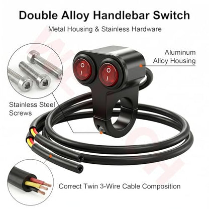Universal Dual 7/8" 22mm Motorcycle Handlebar Switch, 12V Waterproof Handle Bar ON Off Toggle Switch with Red LED Indicator Light for Motorcycle ATV Dirt Bike Scooter Marine Fog Light