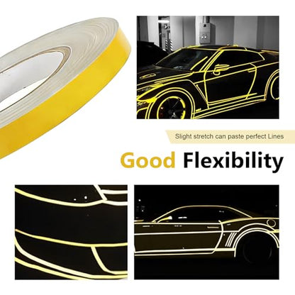 Car Reflective Strip Sticker, 0.39" x 16.4ft Cuttable Reflective Warning Body Tape, Self-Adhesive Night Visibility Rim Strip Decal, Universal for Most Cars, Motorcycles, Bikes (Yellow) - color: Yellow