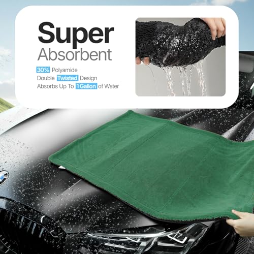 Extra Large Car Drying Towel, 36 Inches, 1300gsm,Super Absorbent Polyamide, Double-Twisted Design (Green and Grey) - color: Green and Grey