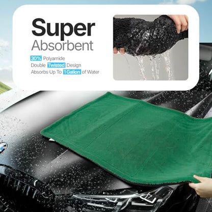 Extra Large Car Drying Towel, 36 Inches, 1300gsm,Super Absorbent Polyamide, Double-Twisted Design (Green and Grey) - color: Green and Grey
