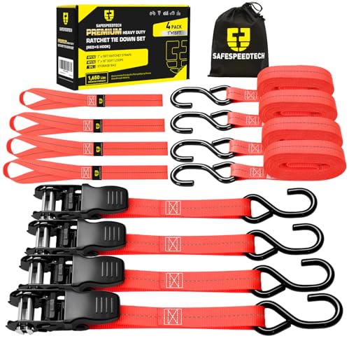 Ratchet Straps Tie Downs 4 Pack - 1 in x 15 ft Motorcycle Tie Down Straps - 4 Soft Loops with Safety S Hooks - 1650 lbs Breaking Strength - Ratchet Tie Down Set for Motorcycle, Truck, ATV, UTV - Red - color: Red, size: 1650LB - 15Ft