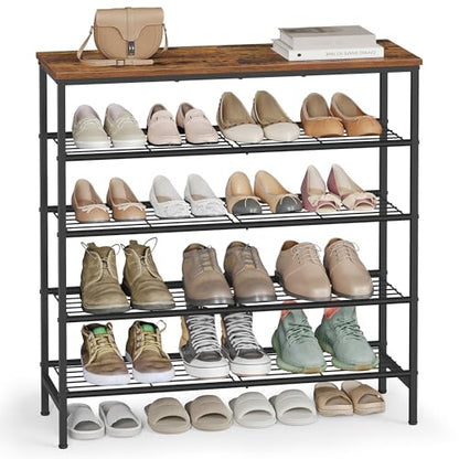 VASAGLE Shoe Rack, Shoe Storage Rack for Closet, Entryway, Living Room, Free Standing Metal Organizer Shelf, 5 Tiers, 11.8 x 29.5 x 34.3 Inches, for 18–24 Pairs, Rustic Brown and Ink Black ULBS050KD01 - size: 5 Tiers (29.5"W)