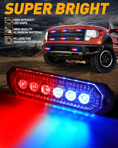 HLauto 406T Emergency Strobe Grille Lights: 4Pcs 6 LED Sync Feature Safety Warning Flashing Light, 12V-24V Ultra Slim Surface Mount Hazard Caution Light for Truck, Vehicle, Car, ATV, UTV (Red Blue) - color: Red/Blue