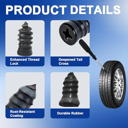61PCS Tire Repair Rubber Nail Kit with Screwdriver, Screw In Tire Plugs Vacuum Tire Puncture Quick Fix Tool, Self Tapping Rubber Screw Plugs for Car Motorcycle Truck Flat Tire Emergency Repair