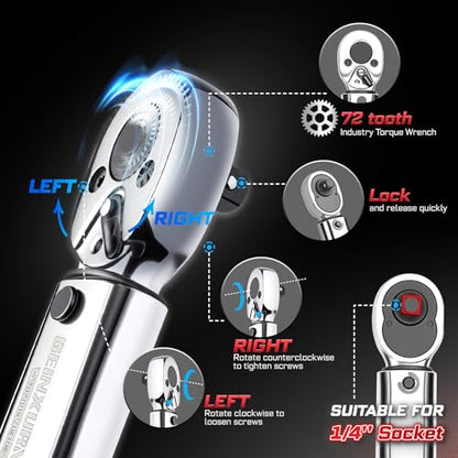 GEINXURN 66Pcs 1/4 In. Drive Click Torque Wrench Set, 35-200In.Lb 72-Tooth Ratchet Wrench Bike Maintenance Kit, Universal Socket, Screwdriver Bits for Bicycle, Car, Moto - style: GX-TW0104FS66-US