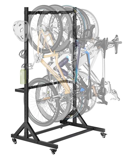 monTEK Freestanding Bike Storage Rack for 5 Bikes, Heavy Duty 350LBS Vertical Bike Stand with 5 Bike Hooks & 6 Helmet Hooks, Indoor and Outdoor Bike Storage Rack with Locking Casters - size: 5 Bike Rack