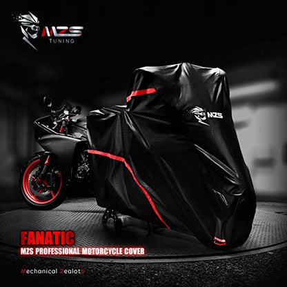 MZS Motorcycle Cover - All Season Weather Outdoor Waterproof Protection fits up to 86 inch L Compatible Sport Bikes Cruiser - Vents Night Reflective Tear Scratch Proof Sunblock Adjuster Buckle - size: Large 86 inches
