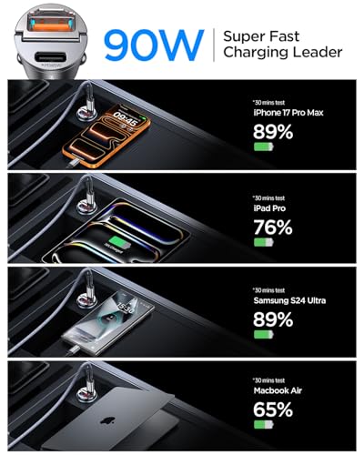MRGLAS 90W USB C Car Charger Fast Charging,[Invisible Design] All Metal Car Charger USB C PD45W+QC3.0 Dual Port Cigarette Lighter RV Power Adapter for iPhone 17 16 Pro Max 15 Samsung S26 S25 Ultra - color: Black
