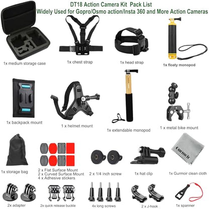 Accessory Kit for DJI Osmo Action 6/5 pro/4/Insta 360 X5 X4 /Go Pro Hero13 12/Gopro Max 2, Bike Mount/Hat Clip/Helmet Strap/Backpack Mount kit for Gopro/Osmo Action/Insta 360(DT18)