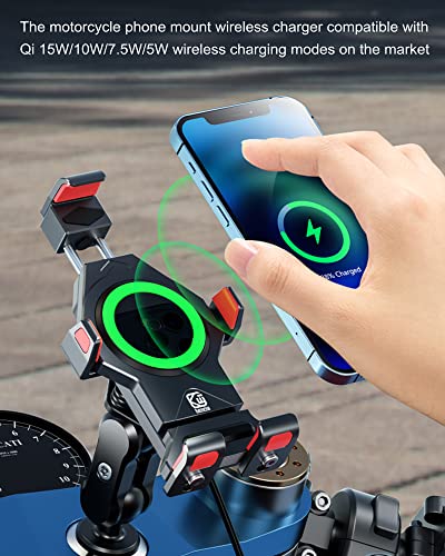 BRCOVAN Motorcycle Fork Stem Phone Mount with Qi 15W Wireless Charger & Vibration Dampener, Anti-Theft, Anti-Shake, Adjustable, Aluminum Alloy Motorcycle Cellphone Holder for 4.7-7.2'' Smartphone