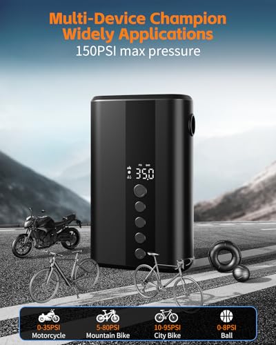 YANTU Bike Pump with Gauge, Metal-Cylinder Electric Mini Pump for Bicycle Tire 150PSI, Portable Presta Valve Pump with Digital Pressure Gauge, Rechargeable LED Light Air Compressor for Bike Moto