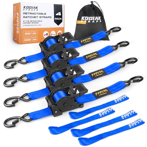 Retractable Ratchet Straps 2" x 10ft, 3,000lb Break Strength, Heavy Duty Easy Release Tie Down for Trucks, Trailers, Motorcycles, ATVs, Secure Cargo KODIAK STRAPS (Blue, 4Pack) - color: Blue, size: 2INCH*4PACK