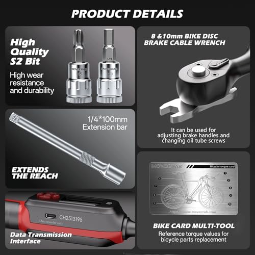 Bike Digital Torque Wrench 1/4" Drive 15-Piece Kit | 1.5-30 N.m / 1-22 Ft.lb Torque Range for MTB & Cycling Maintenance - size: 1/4" 15pcs-Bike 1.5-30N.m/1-22Ft.lb