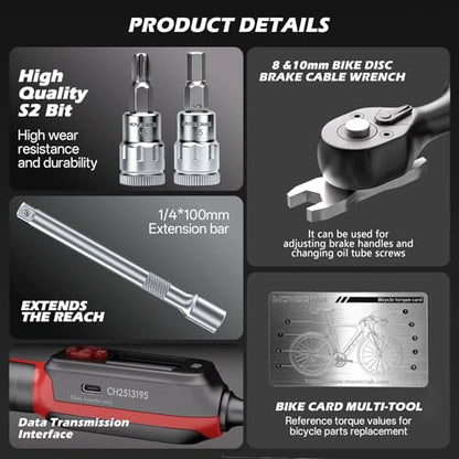 Bike Digital Torque Wrench 1/4" Drive 15-Piece Kit | 1.5-30 N.m / 1-22 Ft.lb Torque Range for MTB & Cycling Maintenance - size: 1/4" 15pcs-Bike 1.5-30N.m/1-22Ft.lb