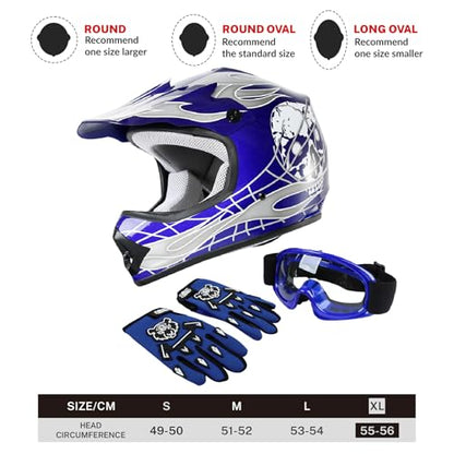 SLMOTO DOT Youth & Kids Motocross Offroad Street Helmet Blue Skull Motorcycle Dirt Bike ATV Helmet + Goggles + Gloves X-Large - color: Blue Skull, size: X-Large