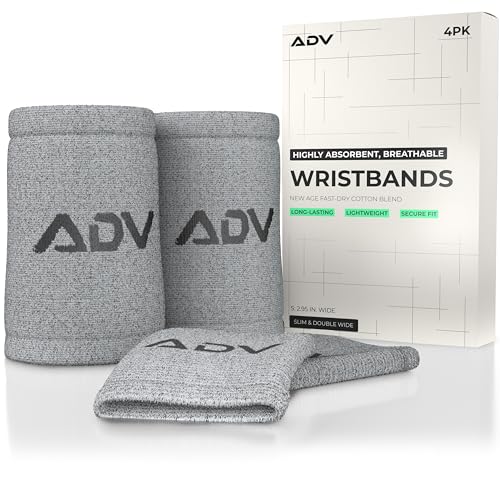 ADV Tennis Wristbands with New Age Polyester Cotton Blend - Ultra Absorbent Wrist Sweatbands - Doublewide & Slim Wrist Bands for Sweat - 4 Pack or 2 Pack - color: 4-Pack Gray, size: Small