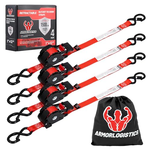 Retractable Ratchet Straps 4 Pack, 1 in x 12 FT Auto Ratchet Straps for Motorcycle, Kayak and Trucks, Breaking Strength 1,500LBS/500LBS Working Load Limit Red - color: Red
