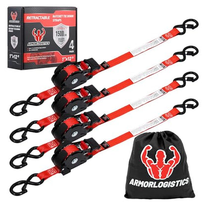 Retractable Ratchet Straps 4 Pack, 1 in x 12 FT Auto Ratchet Straps for Motorcycle, Kayak and Trucks, Breaking Strength 1,500LBS/500LBS Working Load Limit Red - color: Red