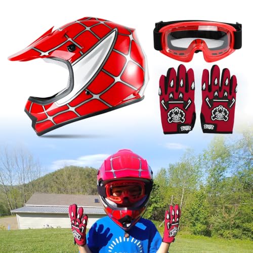 SLMOTO Dot YouthandKids Motocross Offroad Street Helmet Motorcycle Helmet Dirt Bike Motocross ATV Helmet+Goggles+Gloves Red Spider Design,Small - color: Red Spider, size: Small