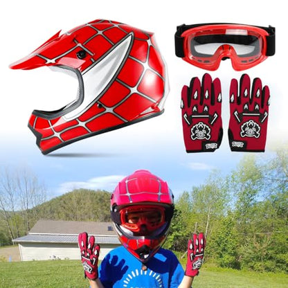 SLMOTO Dot YouthandKids Motocross Offroad Street Helmet Motorcycle Helmet Dirt Bike Motocross ATV Helmet+Goggles+Gloves Red Spider Design,Small - color: Red Spider, size: Small