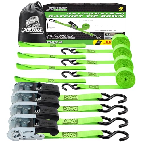 XSTRAP STANDARD 4 Pack 1" x 15Ft Ratchet Tie Down Straps - 500Lbs Load Cap, 1500Lb Break Strength, Includes 4 Soft Loops for Moving Appliances, Lawn Equipment & Motorcycle, Green - style: 4pk 1inchx15ft 1500lbs green with 4 Soft Loops